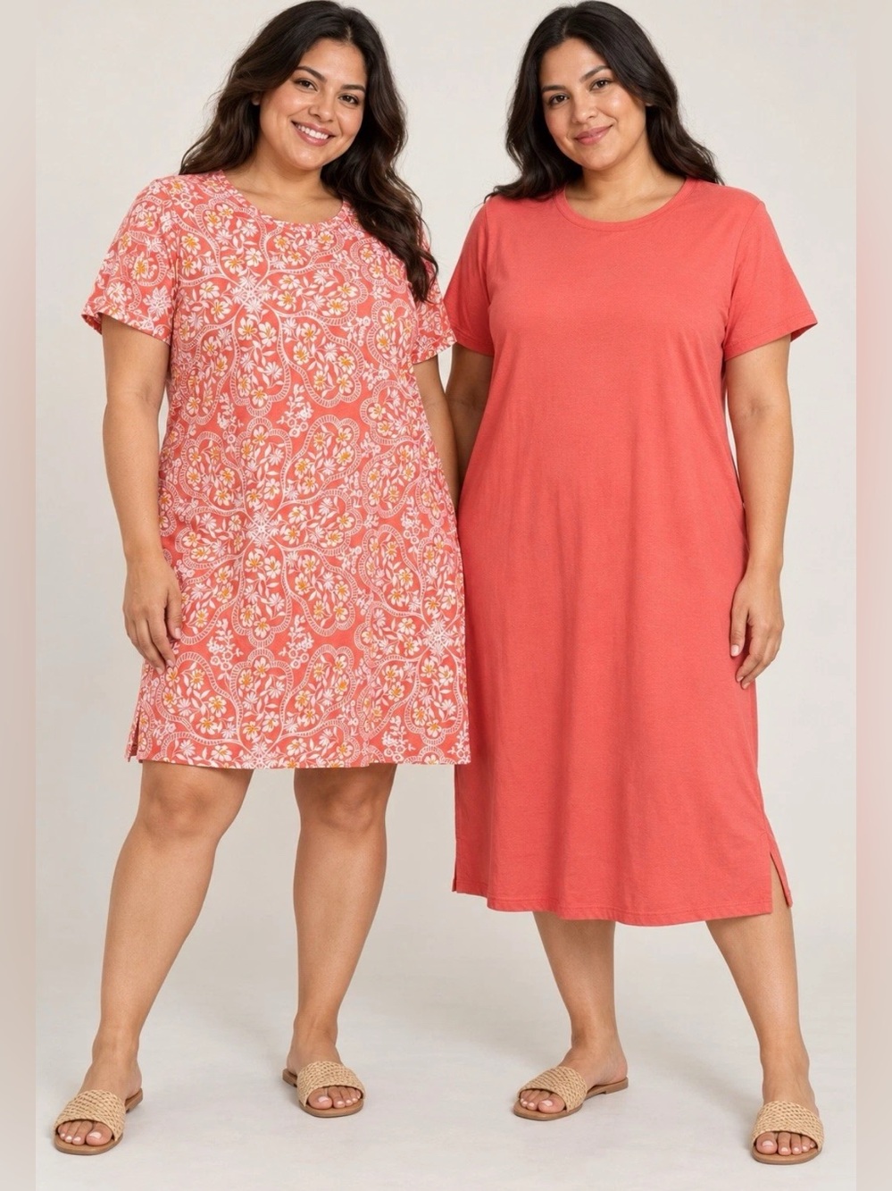 Stan Herman 100% Cotton Lounge Dresses Set of 2 Coral Large A679656
